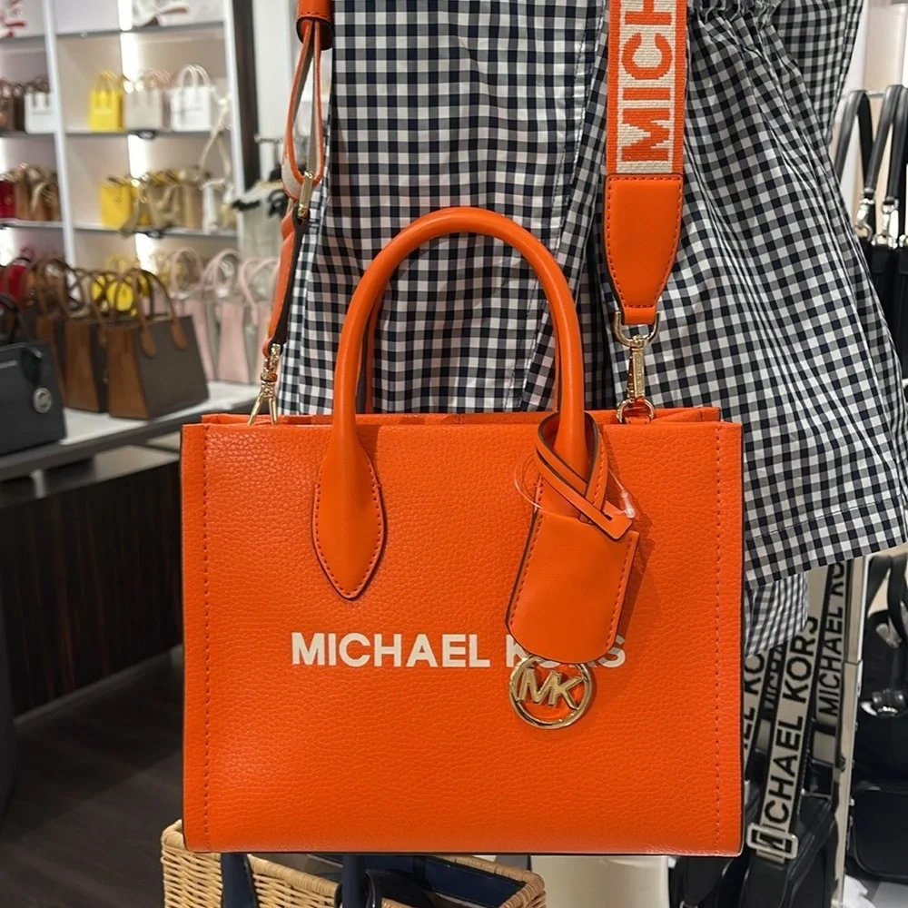 Michael Kors Mirella Small Pebbled Leather Shopper Top Zip Crossbody XBODY Poppy